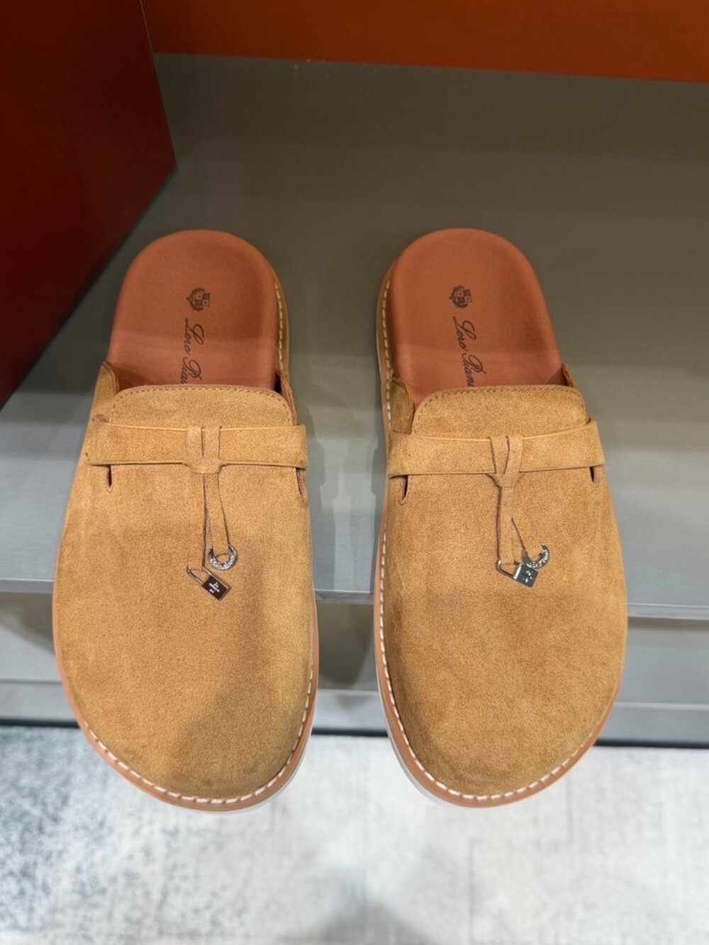 Loro Piana Suede Charms Mules Tan Brown Slip On Clogs Flat Shoes